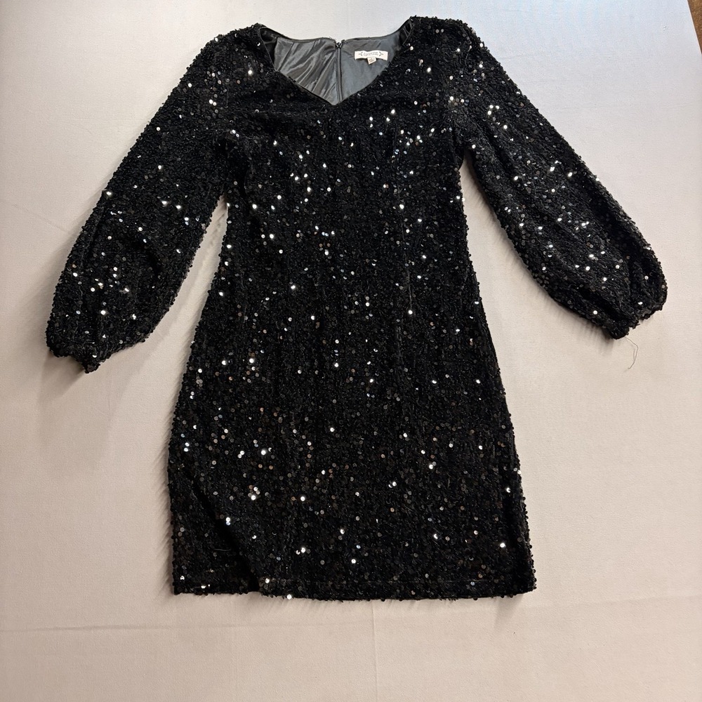 Nanette Lepore Black Sequin V-Neck Puff Long Sleeve Short Dress Women’s 6